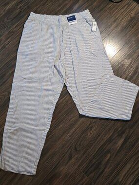 OLD NAVY Linen & Rayon High-Rise Straight Leg Gray/White Stripe Pants NWT/SIZE L